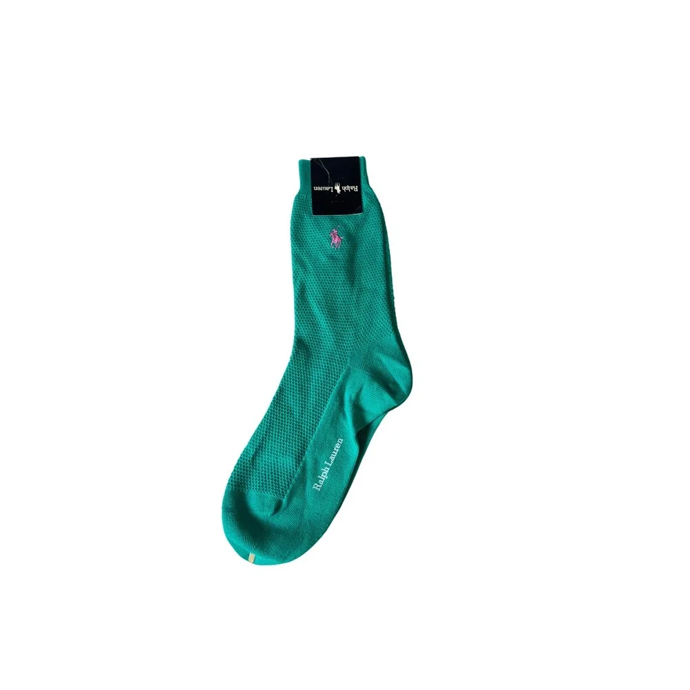 Polo Ralph Lauren womens Spring Green Waffle Knit Crew Socks Pink Pony 9-11 KC